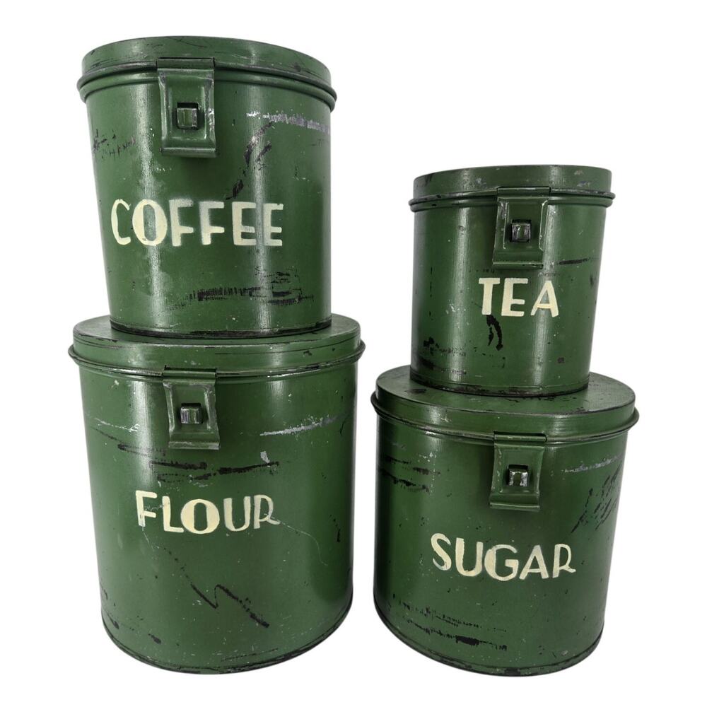 Two’s Company Tins Canisters Galvanized Metal Green 4 Pc Hinged Rustic Farmhouse